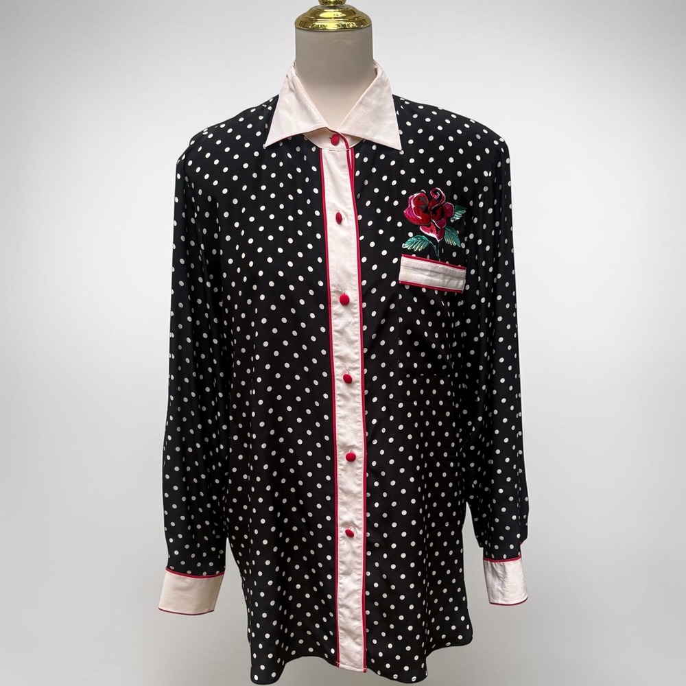 VTG Bob Mackie Silk Blouse Lg Polka Dot Button Down Black White Rose Embroidery